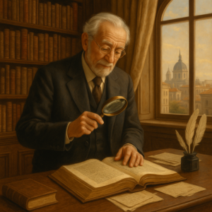 Erudito anciano leyendo libro con lupa