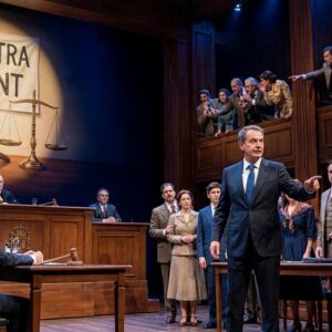 Escena teatral de juicio con público y juez