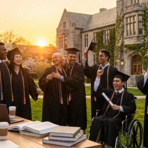 Graduados celebrando al atardecer en campus universitario