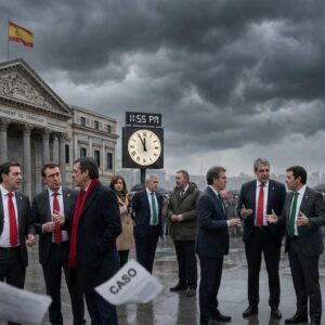 Políticos ante edificio gubernamental bajo tormenta
